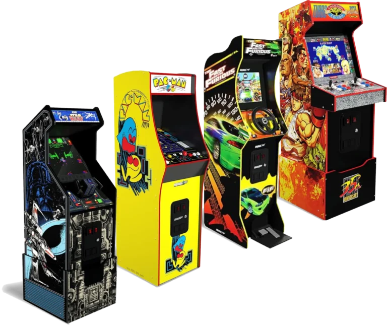 Quatre bornes d'arcade vintage Catchingbox avec Star Wars, Pac-Man, Fast & Furious, et Street Fighter