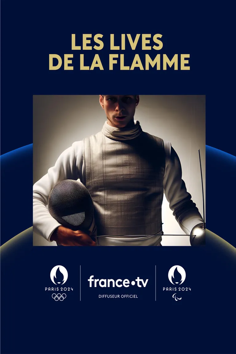 Portrait d'un homme transformé en champion olympique d'escrime, généré par l'IA lors des lives de la flamme de France TV pendant les JO 2024.