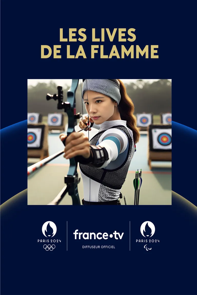 Portrait d'une femme transformée en championne olympique de tir à l'arc, généré par l'IA lors des lives de la flamme de France TV pendant les JO 2024.