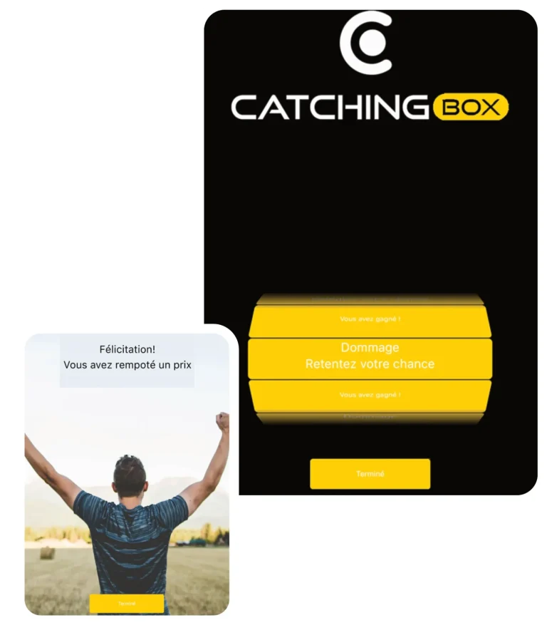 Jeu concours roulette personnalisé pour un événement Catchingbox, offrant une expérience interactive et immersive aux invités.