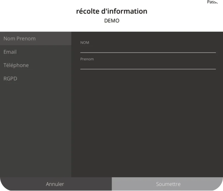 Interface de sondage personnalisée Catchingbox pour recueillir des avis et informations des invités après un événement.