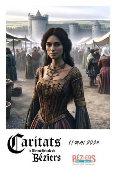 Portrait d'une femme en noble médiévale, généré par le Photobooth IA de Catchingbox lors de Caritias 2024 à Béziers.