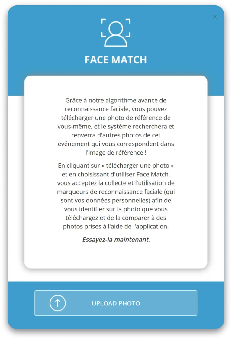 Capture d'écran du logiciel Face Match montrant l'interface de téléchargement et la reconnaissance faciale.