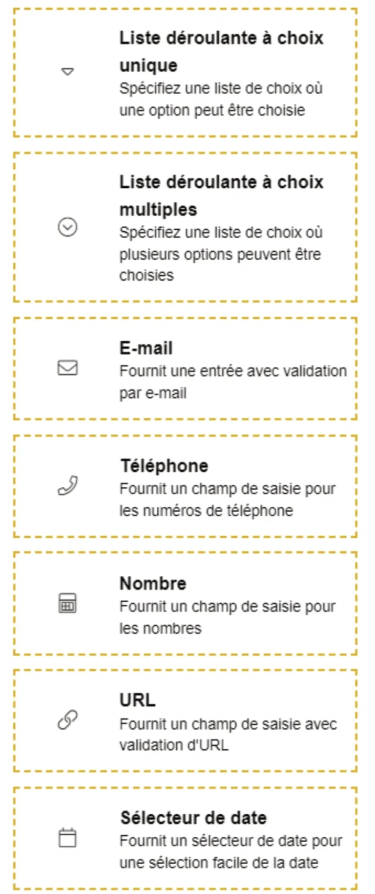 Liste des champs de formulaire disponibles dans les sondages post évènement personnalisables de Catchingbox