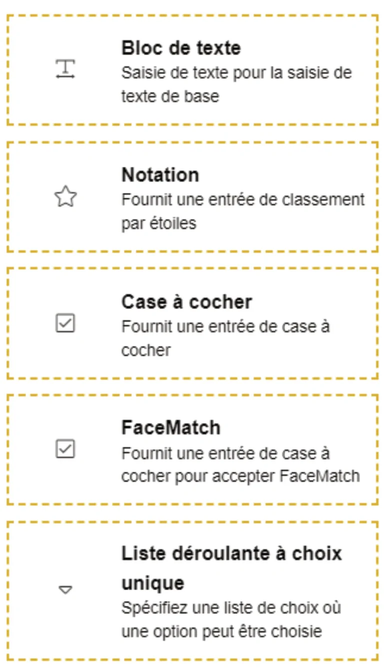 Liste des champs de formulaire disponibles dans les sondages post évènement personnalisables de Catchingbox